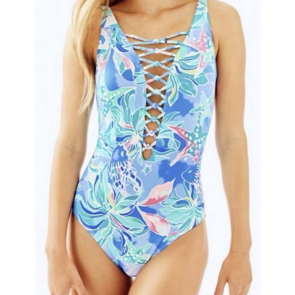 LILLY PULITZER $138 Isle Lattice One Piece Swimsuit Blue Celestial Seas Size 2